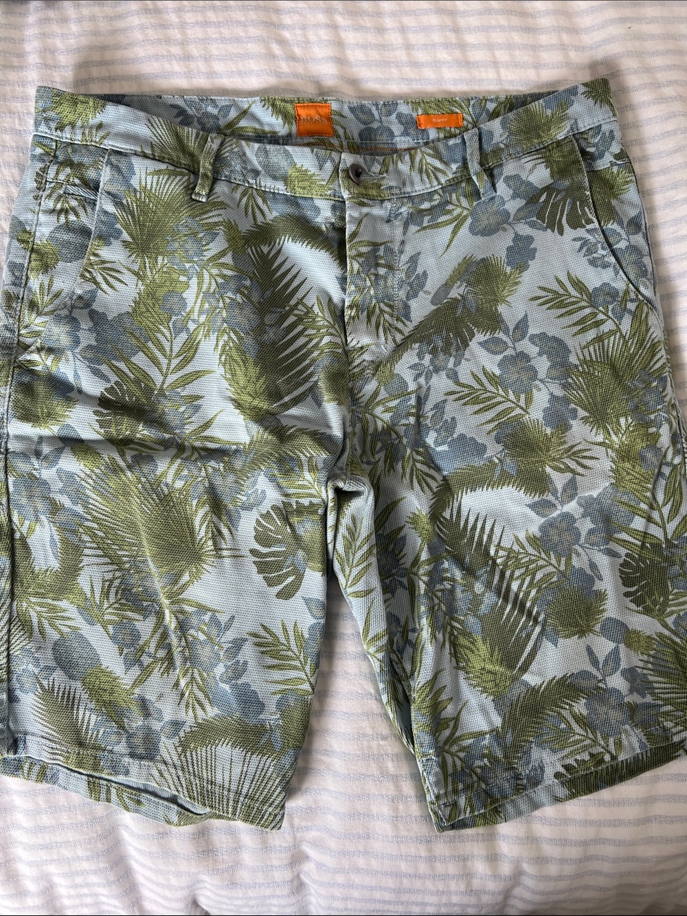 Hugo Boss Green and Light Blue Palm-Print Chino Shorts